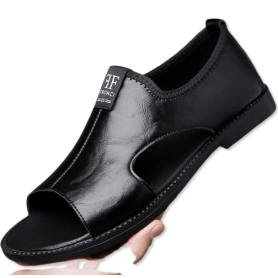 Sandales Homme en Cuir, Noire, Confort Été, Antidérapantes, Respirantes & Grandes Tailles (JY156)