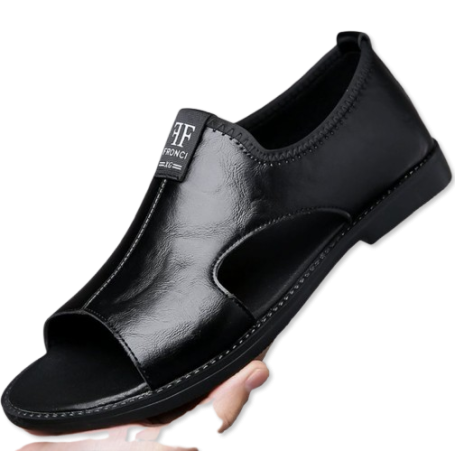 Sandales Homme en Cuir, Noire, Confort Été, Antidérapantes, Respirantes & Grandes Tailles (JY156)
