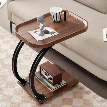 Table de chevet, d’Appoint en Forme C avec Roulettes, Double Plateau, Mobile & Gain de Place