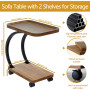 Table de chevet, d’Appoint en Forme C avec Roulettes, Double Plateau, Mobile & Gain de Place