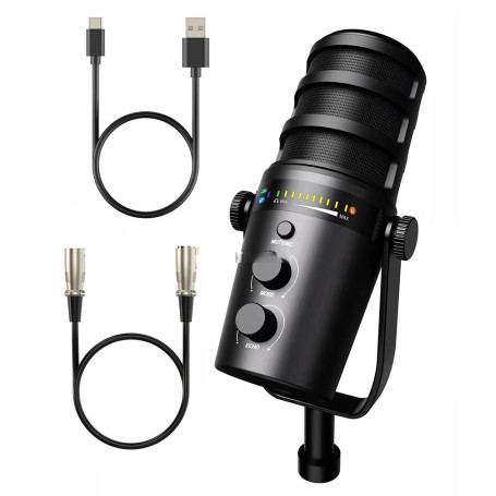 Microphone Dynamique T21 USB/XLR Mooncrown, Cardioïde, Réduction de Bruit, LED, Idéal Podcast & Streaming