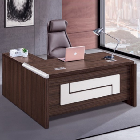 Bureau de Direction Moderne en L YF073, Mobilier Exécutif Haut de Gamme en Bois et Aluminium