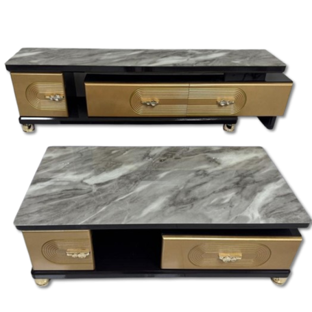 Ensemble Meuble TV & Table Basse Effet Marbre, Design Moderne avec Finitions Dorées
