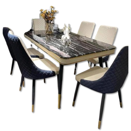 Table à Manger Moderne en Marbre Beige avec 6 Chaises, Ensemble Salle à Manger Luxe