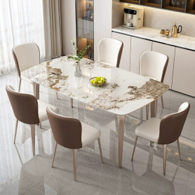 Ensemble Table à Manger Luxe en Pierre Frittée Blanche, 1 Table & 6 Chaises Modernes