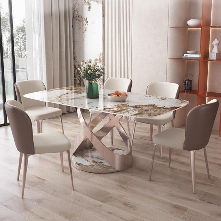 Ensemble Table à Manger Moderne Italienne en Marbre Blanc, Structure Inox & Hauteur Réglable