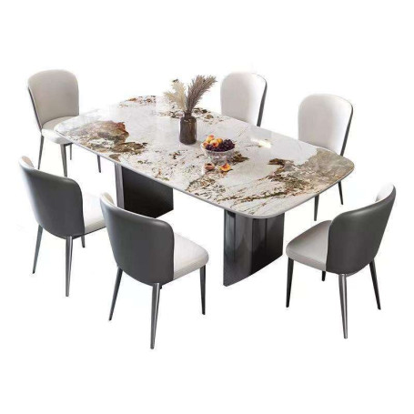 Ensemble Table et Chaises Salle à Manger en Pierre Frittée, Design Moderne 6 Places