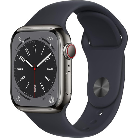 Apple Watch Series 8 GPS + Cellular 41 mm Acier Inoxydable Graphite – Bracelet Sport Minuit