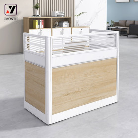 Meuble, Bureau de réception Moderne avec Cloison en verre rayé et panneaux en bois clair