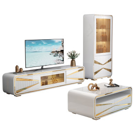 Ensemble Meuble Tv Et Table Basse De Luxe Moderne BML-8193 – Avec Cave À Vin Et Finition En Verre Blanc