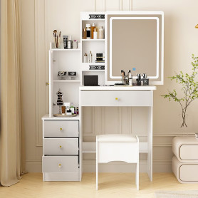 Coiffeuse Moderne avec Miroir Lumineux, pour Chambre à Coucher ou Bureau - Blanc