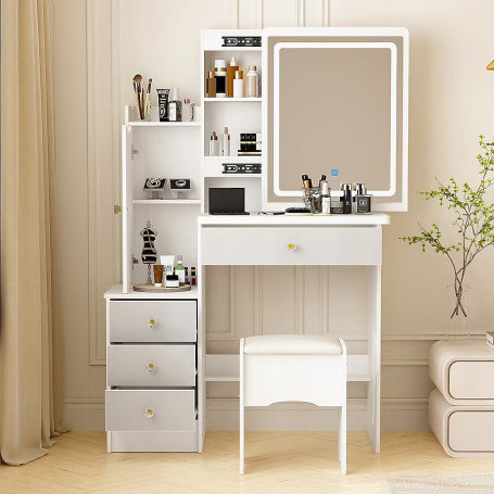 Coiffeuse Moderne avec Miroir Lumineux, pour Chambre à Coucher ou Bureau - Blanc