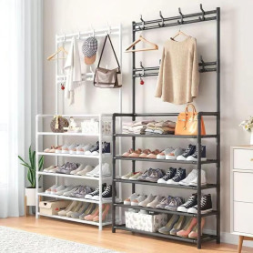 Porte-Manteau sur Pied 3-en-1 avec Banc à Chaussures et 8 Crochets – Meuble d'Entrée Industriel