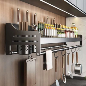 Étagère de Cuisine Murale Multifonction Sans Perçage 60 cm – Rangement pour Épices, Couteaux et Ustensiles