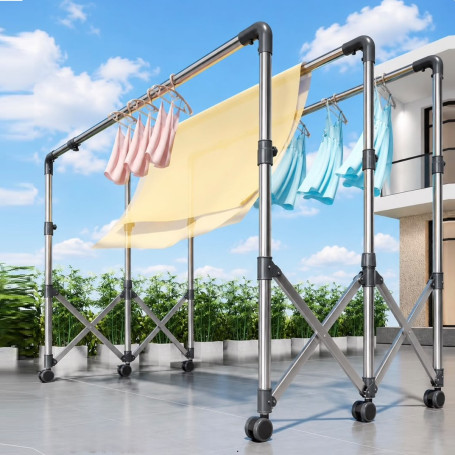 Sèche-linges, Porte-Vêtements Réglable à Trois Barres, Étendoir de Séchage Mobile Extensible