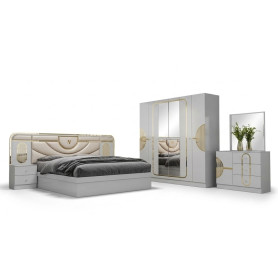 Chambre à Coucher Complète Moderne, Model :6652, Lit Double, Armoire et Commode – Finition Crème et Dorée
