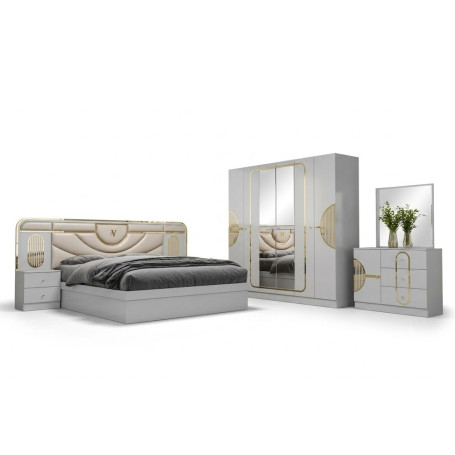Chambre à Coucher Complète Moderne, Model :6652, Lit Double, Armoire et Commode – Finition Crème et Dorée