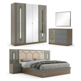 Chambre à Coucher Complète Moderne, Model : 8811, Lit, Armoire et Commode, Gris Foncé avec Accents Dorés