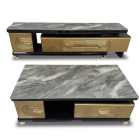 Ensemble Meuble TV & Table Basse Effet Marbre, Design Moderne avec Finitions Dorées