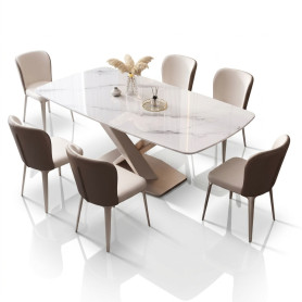Ensemble de table à manger avec chaises, moderne 7 pièces rectangulaire en pierre frittée, couleur Beige
