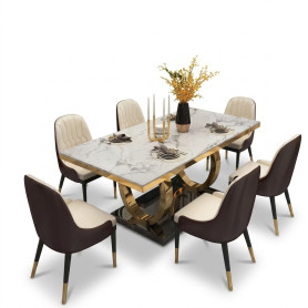 Table à Manger Royale en Marbre avec 6 Chaises, Structure en acier robuste pour maisons et espaces professionnels