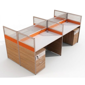 Station de Travail de Bureau en Bois et acier, Orange, 4 Sièges avec Partition