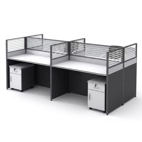 Station de Travail de Bureau en Bois et acier, Noir, 4 Sièges avec Partition