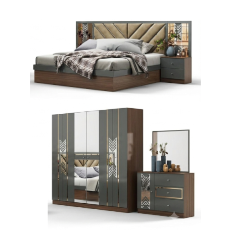 Chambre à Coucher Moderne, Model:8805, ( Lit double, armoire 4 portes, coiffeuse et tables de chevet) sans matelas