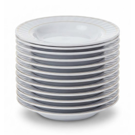 Douzaine d’Assiettes Creuses en Plastique Rigide, Bord Doré, Rondes, Classiques