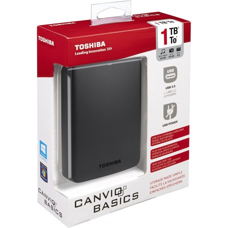 Disque dur externe Toshiba, Canvio Basics 3.0, 1TB, vitesse 540Mb/s,  écriture 5 Gbit/s, Noir 