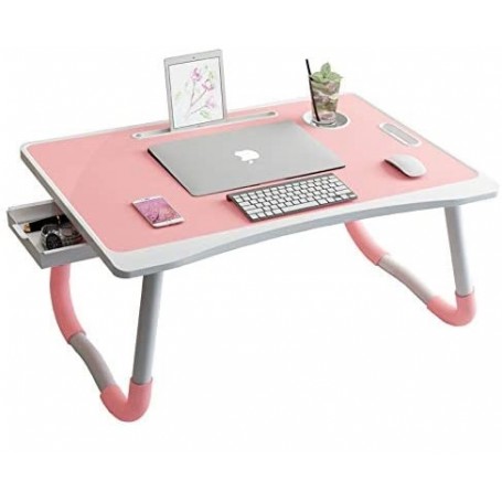 Table de lit, lecture, bureau, ordinateur, petit déjeuner minimaliste portable, avec tiroir de fibre en bois - Rose